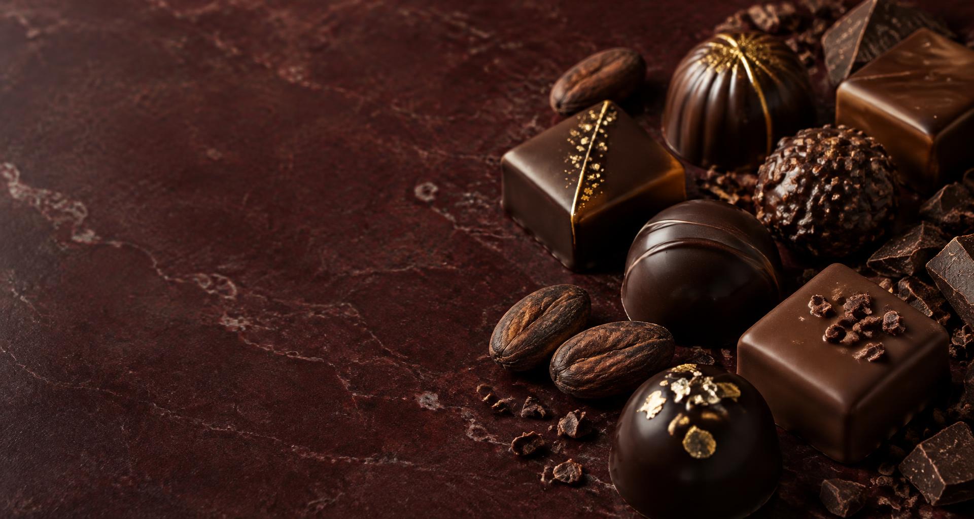 Composition gourmande de chocolats et de fèves de cacao